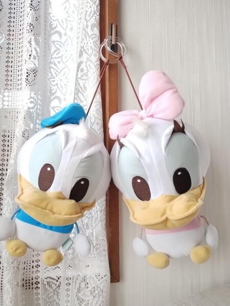未使用 吊り下げ ドナルドダック デイジーダック ぬいぐるみ 2体セット 人形 DISNEY baby ディズニーベイビー フック付き レトロ 赤ちゃん