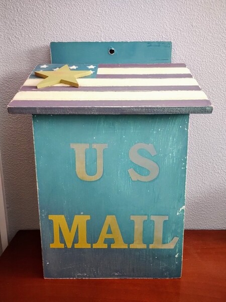 AUNT STELLA'S アントステラ 木製 ポスト U.S.MAIL カントリー 星条旗 アメリカン雑貨 アーリーアメリカン 木箱 置物 オブジェ 牛乳箱 青色