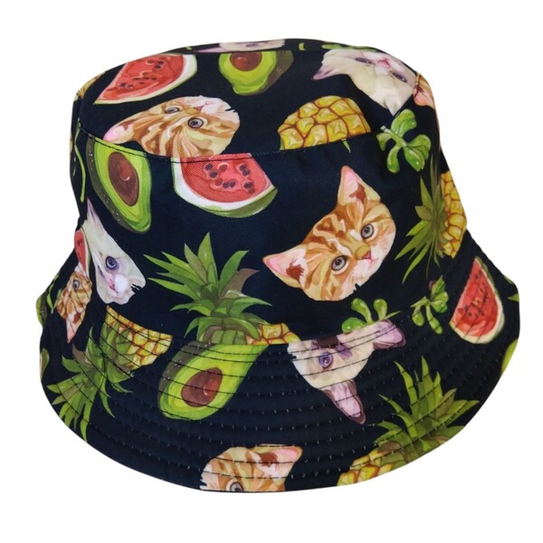新品 2way リバーシブル バケットハット バケハ 猫 パイナップル アボカドメンズ レディース 男女兼用 ブラック 黒