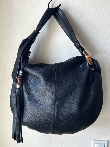 GUCCI グッチ 本物 タッセル バンブー レザー バッグ 黒 ブラック/ハンドバッグ ブランドバッグ ワンショルダー ショルダーバッグ 革 鞄 GG