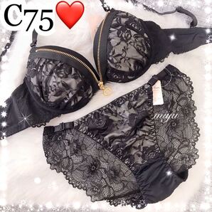 セール★C75M★ファスナーブラ グレー★ブラジャー&ショーツセット★セクシー 谷間 ブラック 黒レース Cカップ アンダー75 新品 下着★みゆ