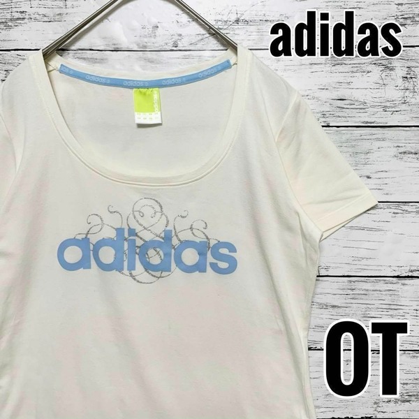アディダス Tシャツ レディース クリーム プリント ラメ 水色 【OT】adidas