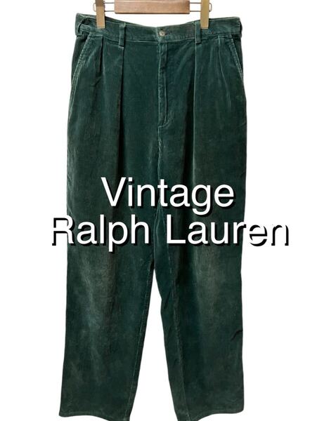 90s ビンテージ Polo by Ralph Lauren 2タック コーデュロイ パンツ モスグリーン W32相当 ヴィンテージ xpv