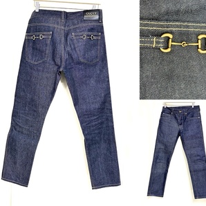 国内正規 2024~2025 GUCCI グッチ テーパード デニム パンツ ホースビット ダークブルー 32 メンズ 定価11万 生デニム ジーンズ