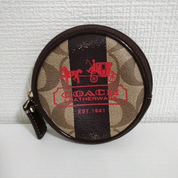 COACH 丸型 コインケース 小銭入れ シグネチャー レザー ブラウン コンパクト 財布 レディース コーチ 馬車 送料無料