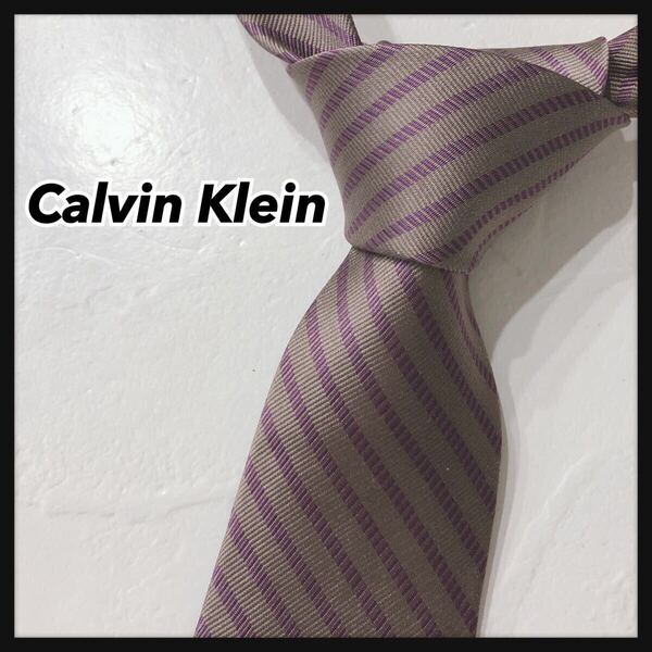 ☆Calvin Klein☆ カルバンクライン ネクタイ パープル ブラウン ストライプ 光沢 シルク スーツ フォーマル メンズ 男性 紳士 送料無料