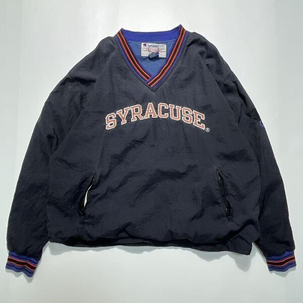90's Champion チャンピオン ナイロンプルオーバー ピステ XL 炭黒 フェードブラック 刺繍 90年代ヴィンテージ HTK6007