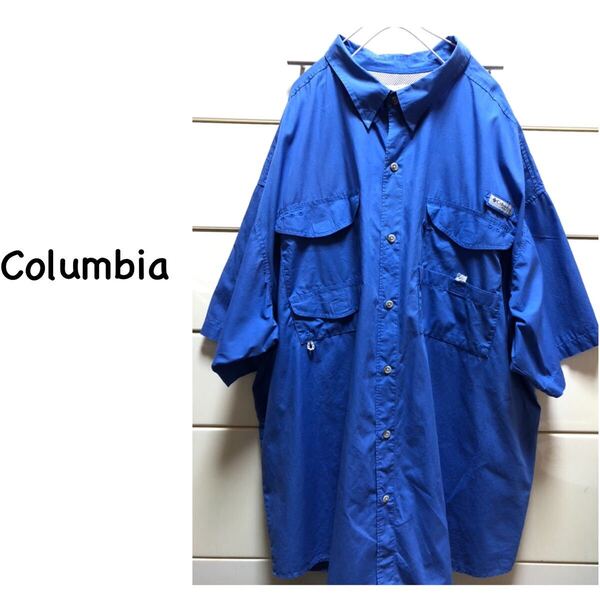 送料込み コロンビア フィッシング コットン 前開き ビッグ シャツ ブルー Columbia ワークシャツ 古着 半袖シャツ