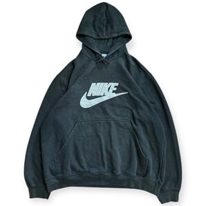 【良フェード/ビッグサイズ】OLD NIKE 00s スウォッシュ ロゴ刺繍 プルオーバーパーカ フーディー XL フェード ブラック 墨黒 古着