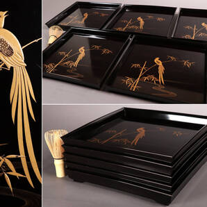 CM80 時代木製漆器 流水笹竹尾長鳥 金蒔絵 黒塗 四方膳 足付 五客 吸物膳 天然木 研出 梨地 切金 漆芸 茶懐石道具 会席 宴席