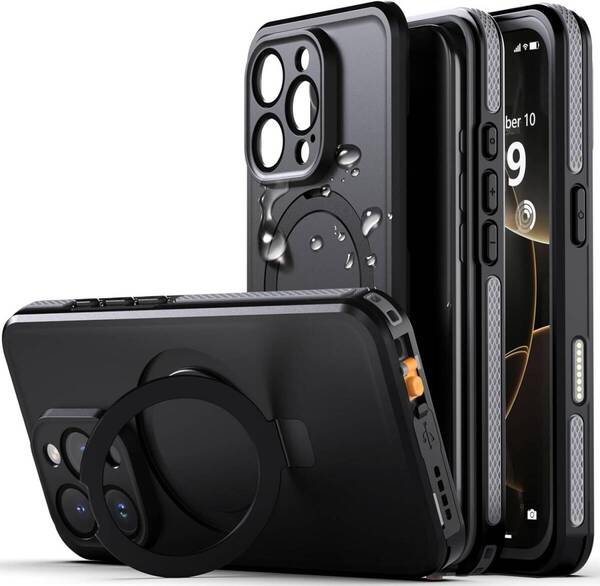 【IP68防水・隠し収納式スタンド】iPhone 16 Pro 用 ケース 防水 衝撃吸収 米軍MIL規格 水中撮影対応 Magsafe対応 (6.3インチ グレー)