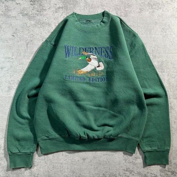 古着 アニマル刺繍スウェットシャツ トレーナー カモ 鳥 グリーン 緑 メンズ M ヴィンテージ / 3038