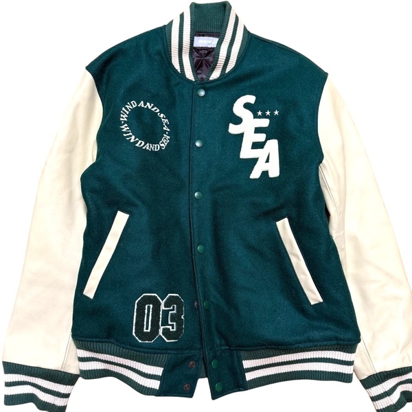 WIND AND SEA ウィンダンシー 3周年 スタジャン VARSITY JACKET WDS-BYT M 3周年 バーシティ ジャケット /グリーン×ベージュ #A2542