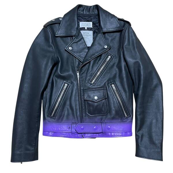 【名作】メゾンマルジェラ 14 17AW ダブル REPLICA レザーライダース ジャケット S30AM0379 ブラック×パープル Leather Perfecto #A2309