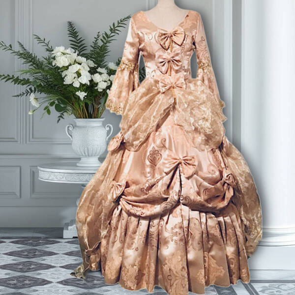 即納 新品*現品限り*ロココ調*リボン付フィッシュテールドレス* カラードレス 衣装 結婚式 パーティ Mサイズ ゴールド
