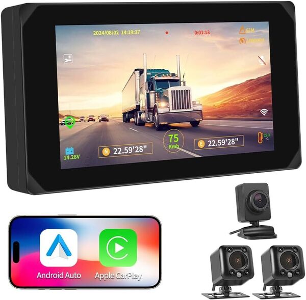 Motocam バックカメラモニターセット 3カメラ CarPlay&Android Auto 3画面分割表示 5インチ 1080PフルHD 録画機能付き GPSモジュール