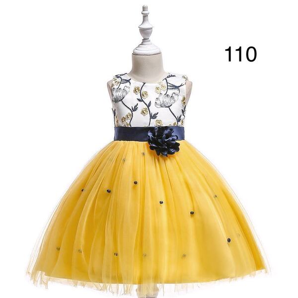 新品110㎝イエロー子供ドレスワンピース発表会フラワーガール海外子供服プリンセスコサージュ 黄色ドレス