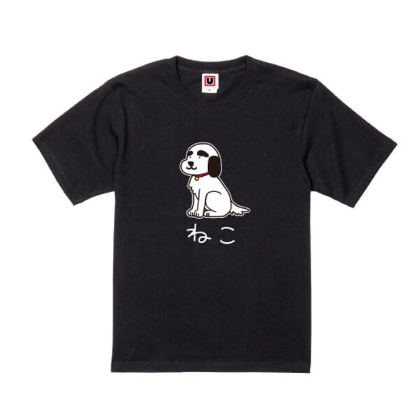 USOT うそT しろ犬×ねこ イラスト キャラクター おもしろTシャツ かわいい パロディ ゆるい 半袖Tシャツ ブラック 黒 XL