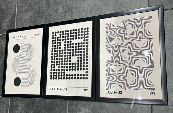 【3枚セット】Bauhaus波&点&半渦モダンアートポスター(A4フレーム付き)