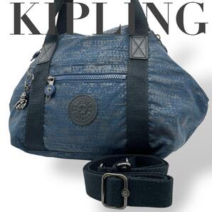 KIPLING キプリング ショルダーバッグ2way ナイロン 総柄 ネイビー