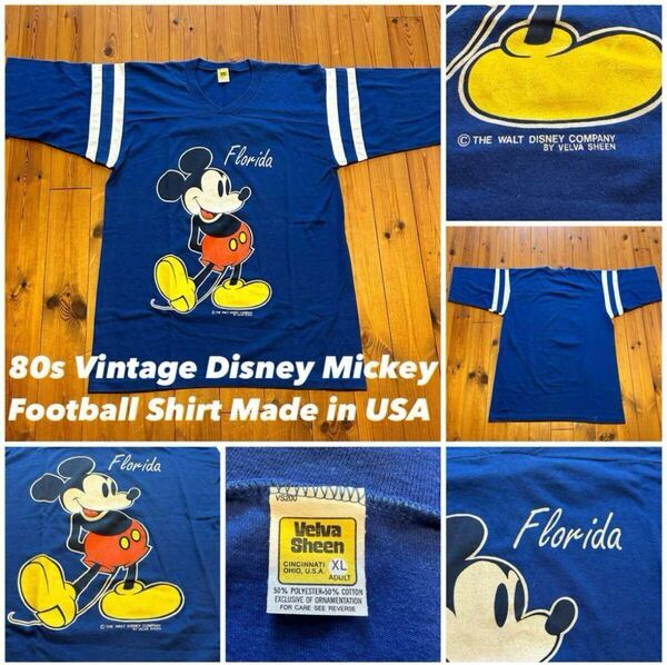 80sオリジナルウォルトディズニーワールドミッキーマウスフットボールTシャツXL USAアメリカ製 Mickey Mouse ベルバシーン