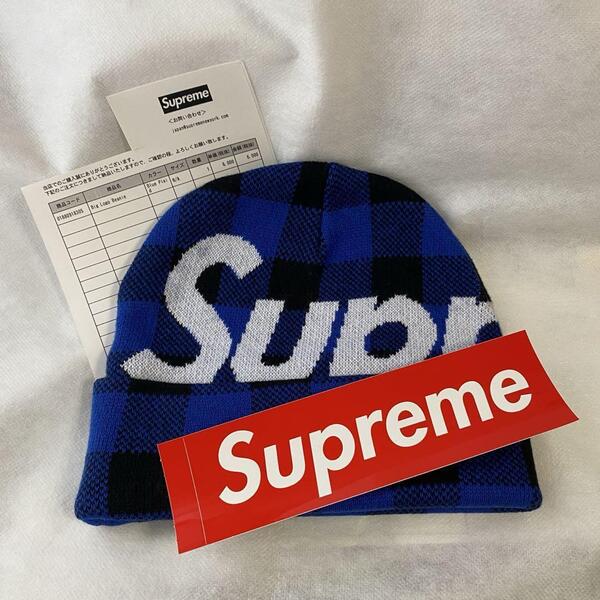 Supreme ロゴニット帽 チェック 青黒
