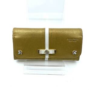 Samantha Thavasa Petit Choice サマンサタバサ プチチョイス 二つ折り 長財布 ゴールド×ホワイト ビジュー リボン カードポケット