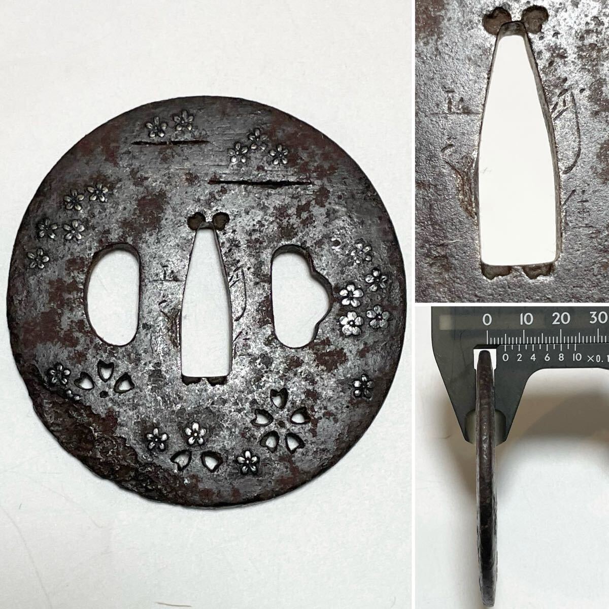 送料無料 江戸時代銀象嵌梅花文鍔木箱付刀剣美術