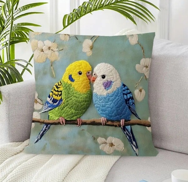 クッションカバー セキセイインコM 刺繍風 45cm 鳥の雑貨 HANAKO