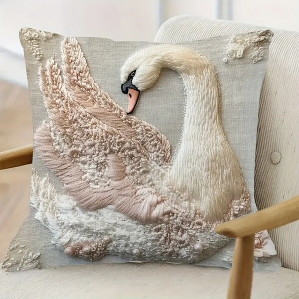 クッションカバー 白鳥C 刺繍風 45cm 鳥の雑貨 HANAKO ウェディング