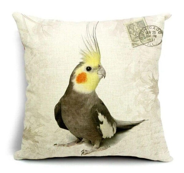 クッションカバー オカメインコ 麻調 45cm 鳥の雑貨 HANAKO