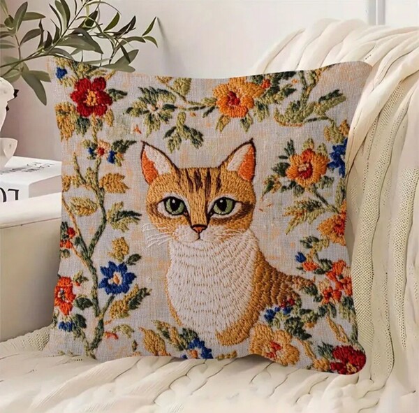 クッションカバー アビシニアンC 刺繍風 45cm 猫の雑貨 HANAKO