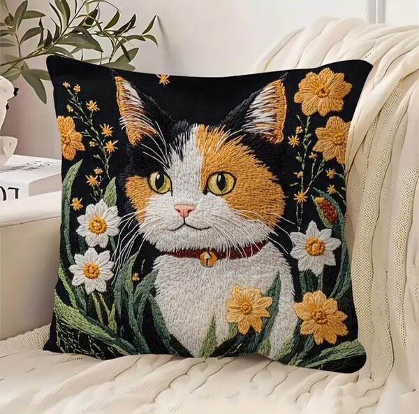 クッションカバー 猫F 三毛猫 刺繍風 45cm 猫の雑貨 HANAKO