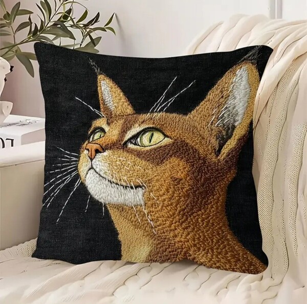 クッションカバー アビシニアンB 刺繍風 45cm 猫の雑貨 HANAKO
