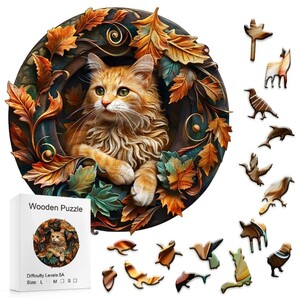 猫の雑貨 HANAKO 木製パズル 秋の猫 茶トラ Sサイズ 15cm