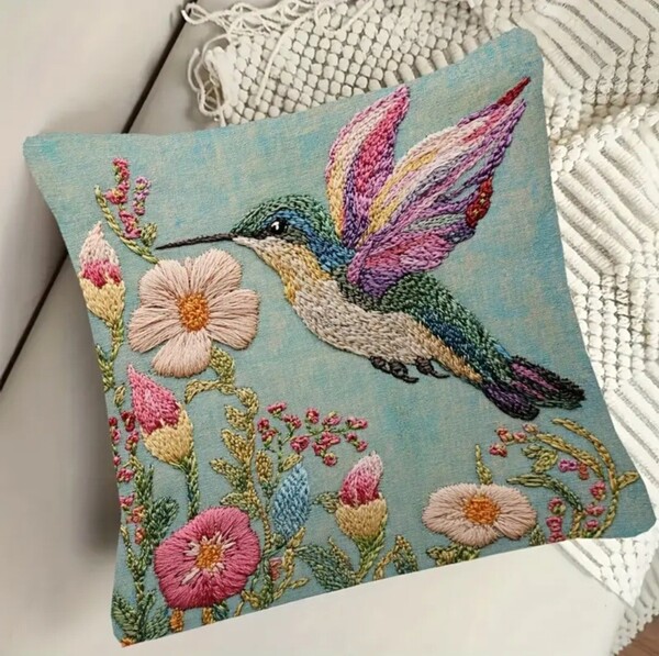 クッションカバー ハチドリB 刺繍 45cm 鳥の雑貨 HANAKO