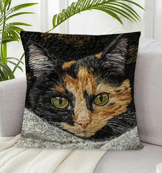クッションカバー 猫E サビ猫 刺繍風 45cm 猫の雑貨 HANAKO