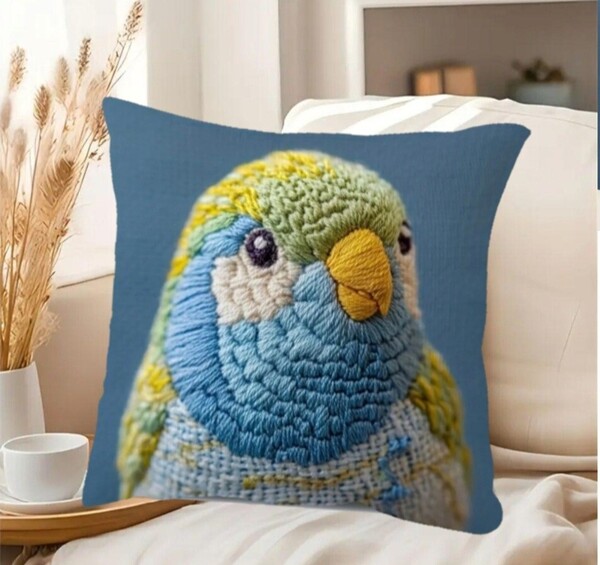 クッションカバー セキセイインコH 刺繍風 45cm 鳥の雑貨 HANAKO