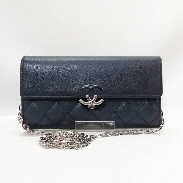 【美品級】CHANEL(シャネル)長財布 本革 チェーンウォレット ハーフココ ココロック 青 ブルー ショルダー 人気【送料無料】897