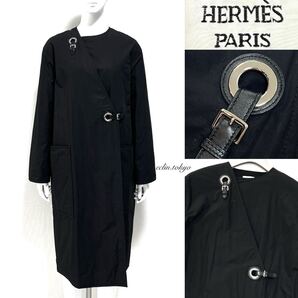 【E4585】極美品 HERMES エルメス《最高級!店頭即完売モデル》レザー装飾ベルト アイレット ハトメ デザイン 中綿入り ロングコート 36 黒