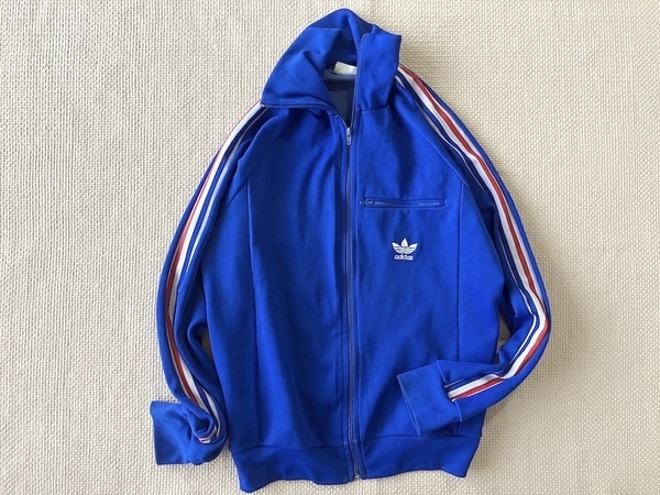 即決 1点物 80s adidas vintage フランス製 ventex 青タグ 胸ポケット ジャージ 180 あお x トリコロール エンブレムプリント