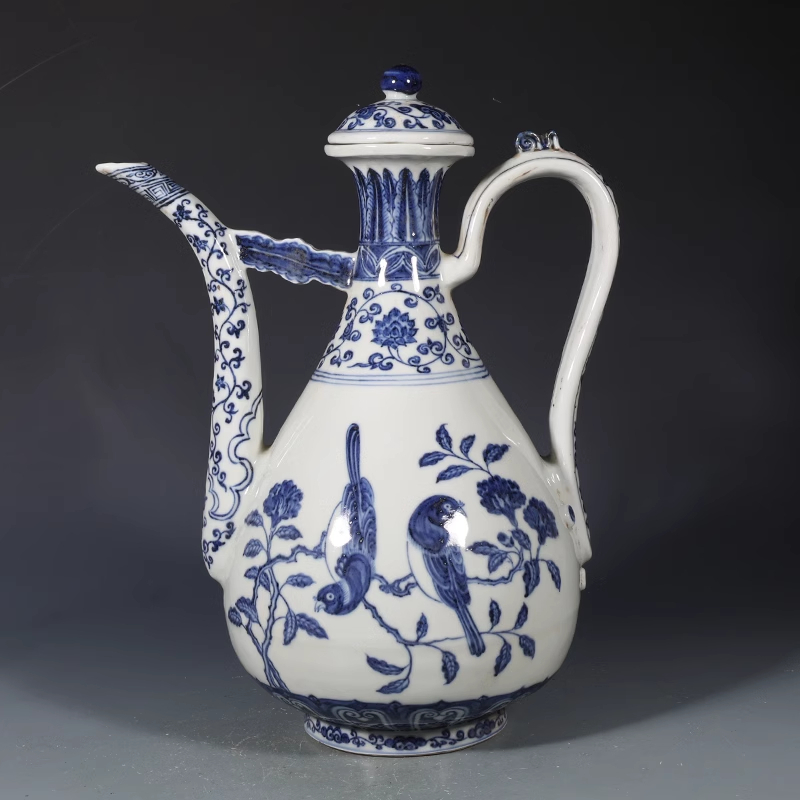 明 宣徳 青花折枝花鳥文執壺 水注 唐物 箱付き 陶磁器