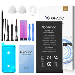 For iPhone 15 Plus バッテリー 『工具セット』 標準容量 交換ビデオ 4383mAh PSE準拠 Kospaoo/iPower 互換 Li-ion Battery 交換 修理