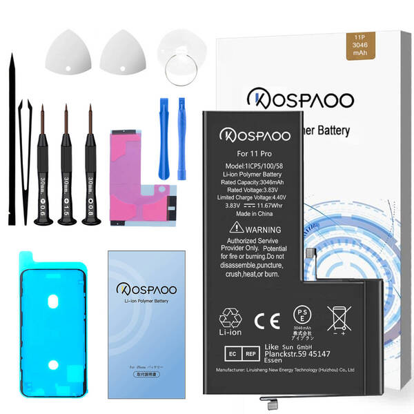 For iPhone11 Pro バッテリー 『工具セット』 標準容量 交換ビデオ 3046mAh PSE準拠 Kospaoo/iPower 互換 Li-ion Battery 交換 修理