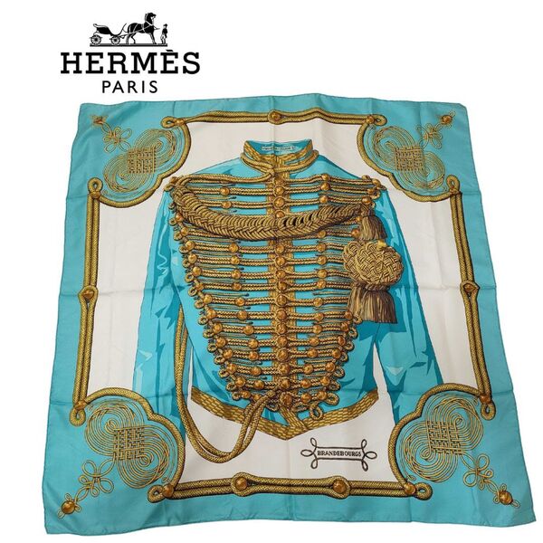 HERMES エルメス カレ90 BRANDEBOURGS ブランデンブルク飾り ブルー スカーフ シルク