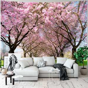 タペストリー 壁飾り 壁掛け装飾布 布ポスター 部屋飾り 背景布 インテリア カーテン 遠くまで続く桜並木の絵柄 150x130cm