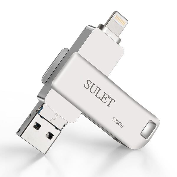 USBメモリ 128GB iPhone フラッシュドライブ 回転式 3in1 亜鉛合金(シルバー)