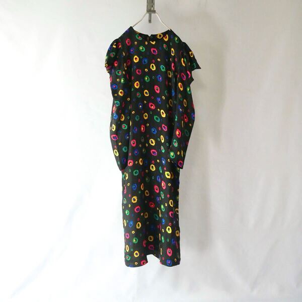 80s vintage black colorful polyester long onepiece 80年代 ヴィンテージ 黒 カラフル ネオン ボリューム袖 ポリエステル