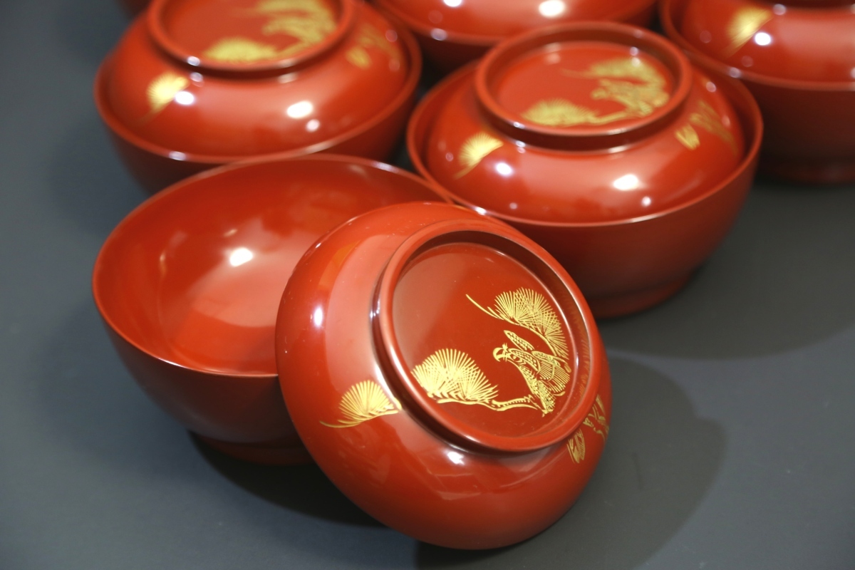 蒔絵　松 鷹紋　朱塗金縁吸物椀　20客　共箱 蒔絵 松 鷹紋 朱塗金縁吸物椀 20客 共箱