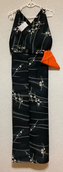 新品 二部式 茶道 稽古 着物 和風 エプロン kimono apron 黒 梅 洗える着物 懐紙 袱紗 sado uniform ハンドメイド リメイク